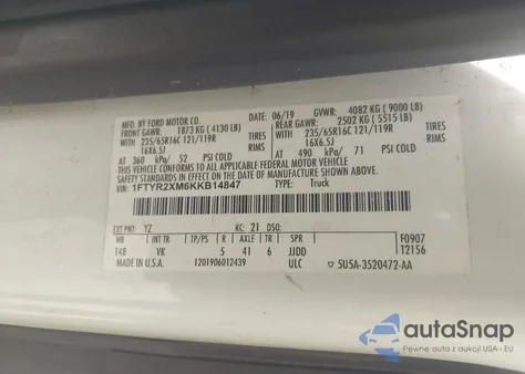 2019 Ford Transit-250 z USA, uszkodzony, nr VIN 1FTYR2XM6KKB14847